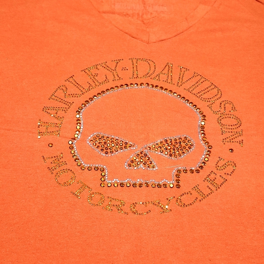 VINTAGE HARLEY DAVIDSON ORANGE RHINESTONES WILLIE G SKULL V-NECK TEE-SHI…